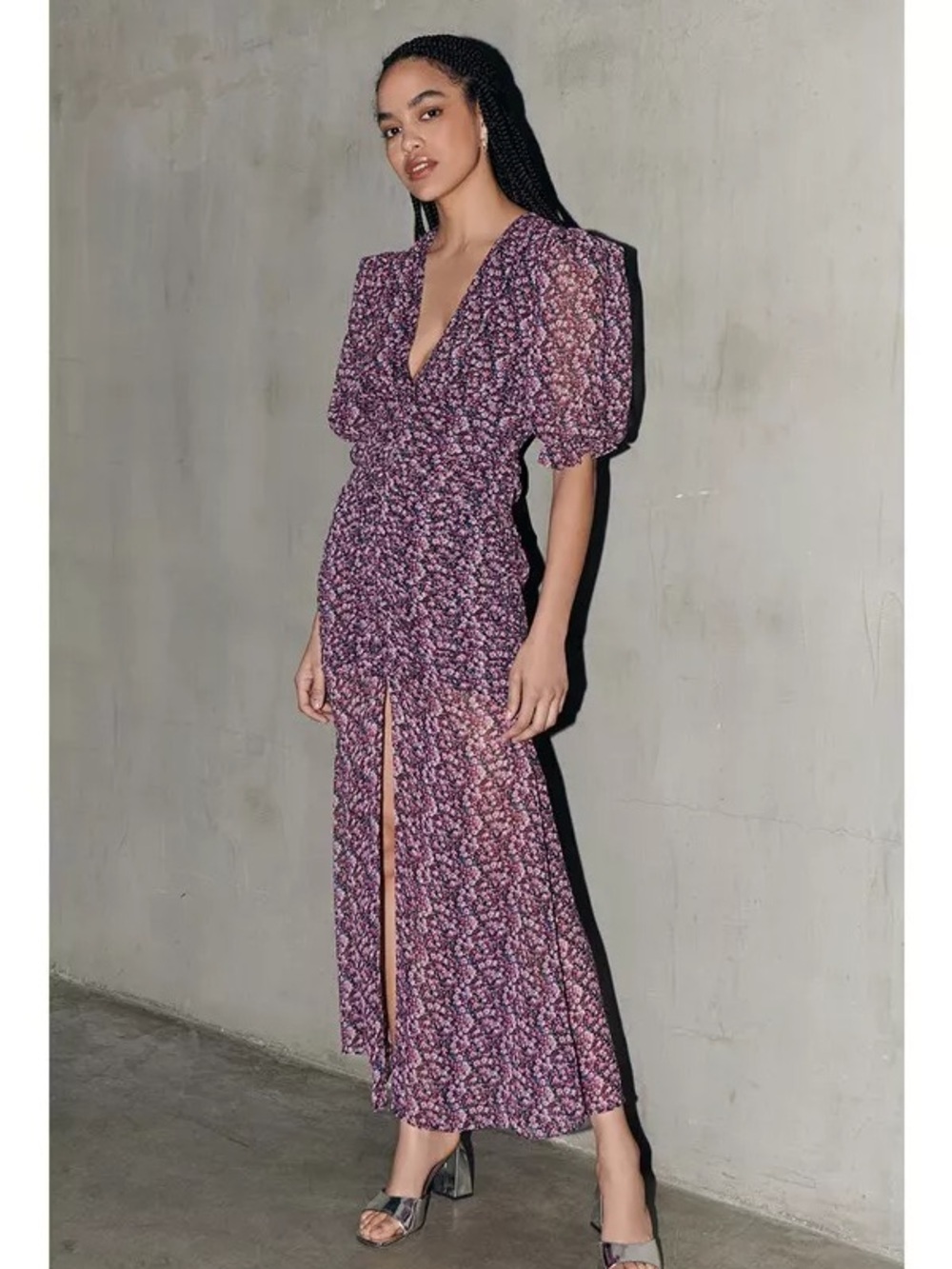 SAYLOR Blossom Floral V-Neck Puff Sleeve Maxi Dress in Plum (126)